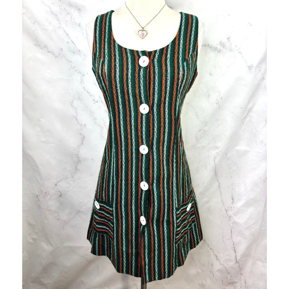 Vintage 1960s MOD Wool Jumper Dress Orange & Green Woven Knit  Sz M Academia